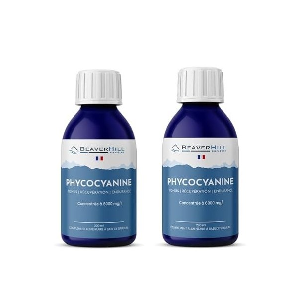 Pack x 2 Phycocyanine 6000mg/l | 2 Flacons en verre de 200 ml | BEAVERHILL | Issue de spiruline fraîche | Antioxydant - Vital...