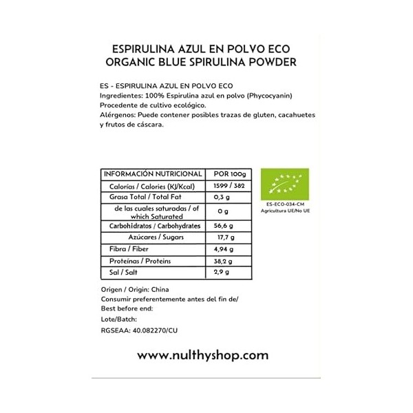 NULTHY - BIO Spiruline Bleue - Poudre - Source de Protéines - Agriculture Biologique - Végétalien 200 Gr 