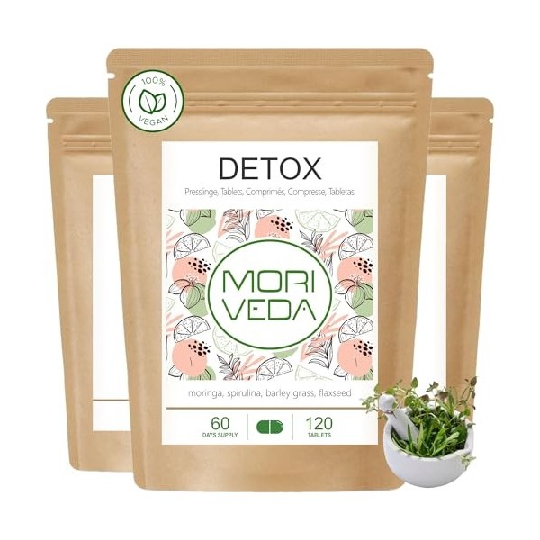 MoriVeda® - Moringa Detox 900mg Tabs - 360 ou 120 - moringa, herbe dorge, graines de lin et spiruline pour la désintoxicatio