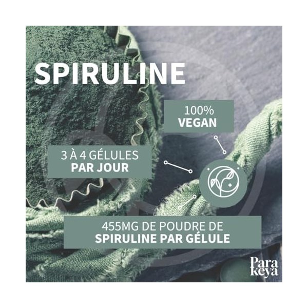Parakeya - Spiruline Bio 455 mg - 180 gélules - Riche en protéines, vitamines, minéraux et antioxydants - Complément alimenta...