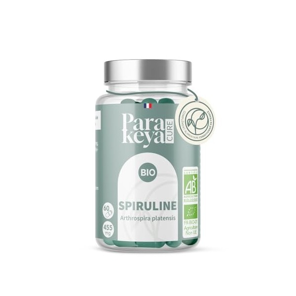 Parakeya - Spiruline Bio 455 mg - 180 gélules - Riche en protéines, vitamines, minéraux et antioxydants - Complément alimenta...