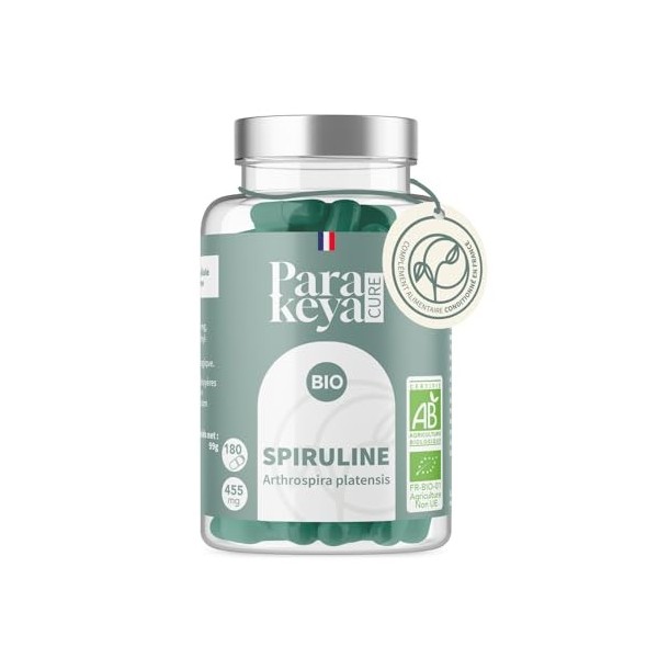 Parakeya - Spiruline Bio 455 mg - 180 gélules - Riche en protéines, vitamines, minéraux et antioxydants - Complément alimenta...