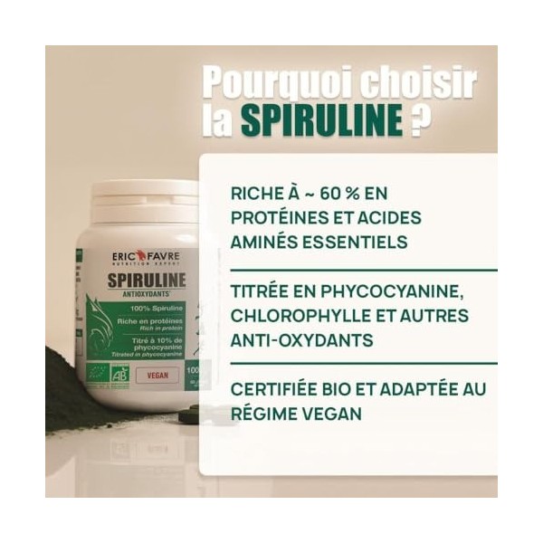 SPIRULINE BIO VEGAN titrée en Phycocyanine, Chlorophylle, Caroténoïdes, 60% Protéines, Riche en Nutriments, Antioxydants - 10
