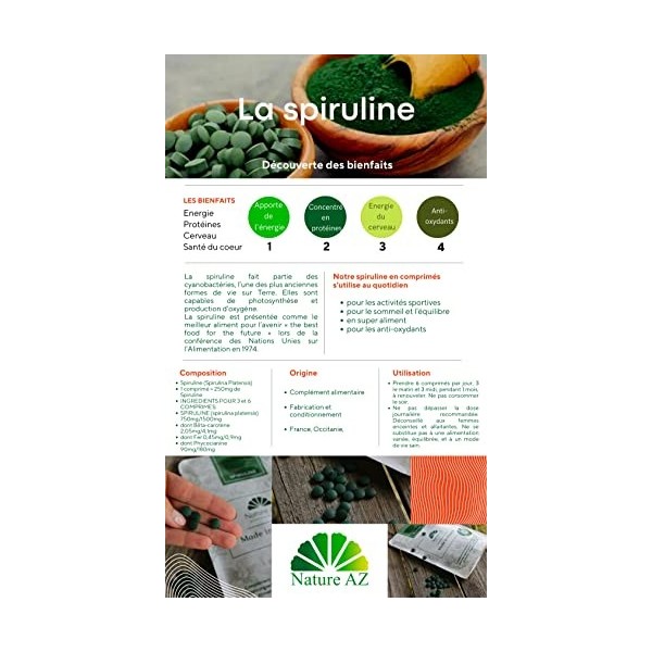 Spiruline | Antioxydant | Entraînement Sport | Fer | Protéines | Sommeil | 200 comprimés 250mg | Fabriqué en Occitanie | Natu...