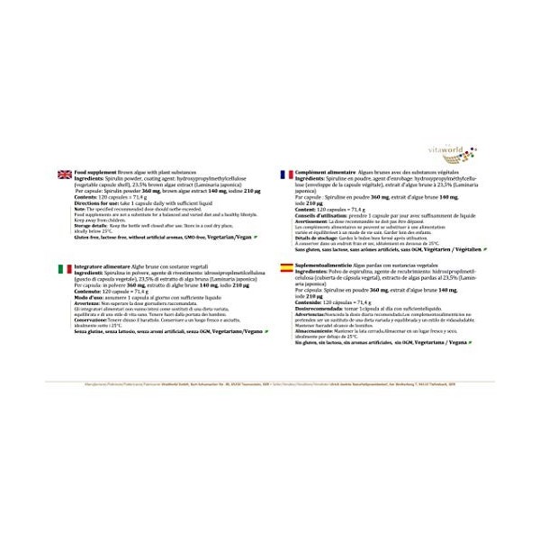 Vita World Extrait dalgue brune 500mg 120 Capsules Made in Germany