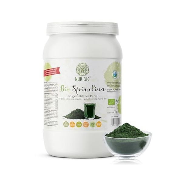 NUR BIO Spiruline en poudre 1 kg Superaliment vert protéine végétale riche en nutriments végétaliens