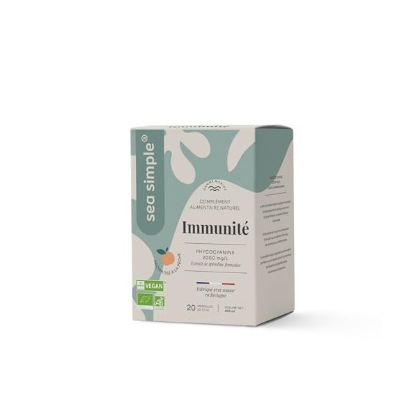 SEA SIMPLE - EXTRAIT DE SPIRULINE BIO titré à 2g/L DE PHYCOCYANINE - PÊCHE - ORIGINE FRANCE - 20 ampoules de 10 mL
