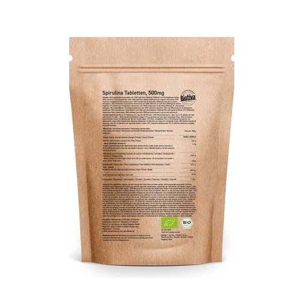 Comprimés de spiruline bio - 500g - Qualité biologique supérieure - Hautement dosé - Algue arthrospira platensis - Biotiva