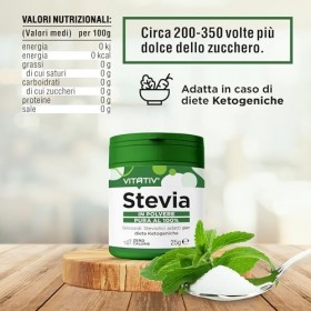 VITATIV Stevia Pure en poudre – Rébaudioside à 98 % édulcorant naturel – zéro calorie, idéal pour les régimes cétogènes, végé