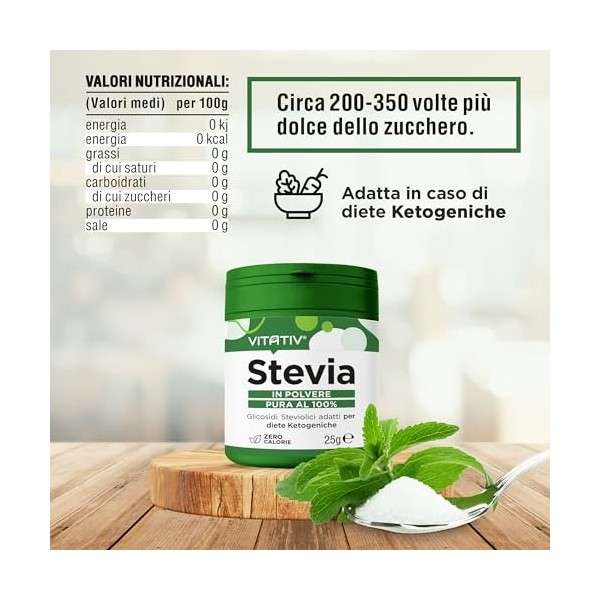 VITATIV Stevia Pure en poudre – Rébaudioside à 98 % édulcorant naturel – zéro calorie, idéal pour les régimes cétogènes, végé