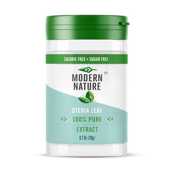 Poudre de stévia 100% pure Modern Nature – Entièrement naturelle, zéro calories, zéro glucides, sans sucre, 250 fois plus suc