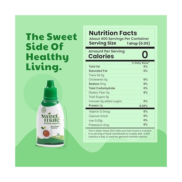 Sweetmate Stevia Drops – 20 ml 20 ml x 1 – 400 gouttes par paquet – édulcorant à base de plantes – zéro calorie – Convient 