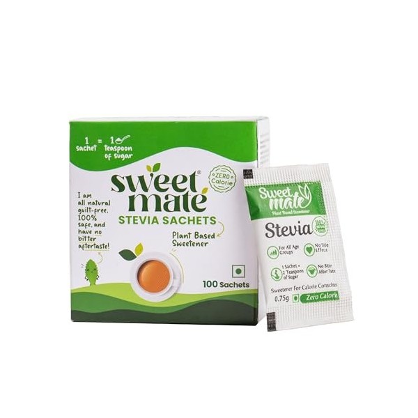 Sweetmate Sachets de stévia – 100 unités 100 portions | 100 % naturel sans sucre | Convient aux diabétiques, édulcorant nat