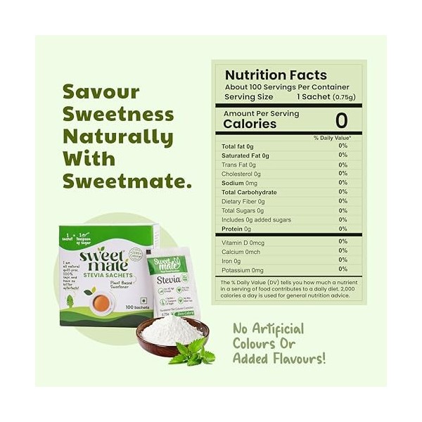 Sweetmate Sachets de stévia – 100 unités 100 portions | 100 % naturel sans sucre | Convient aux diabétiques, édulcorant nat