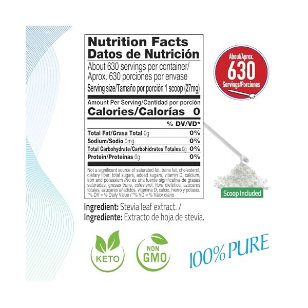 Poudre de stévia 100 % pure, sans édulcorant artificiel, extrait de feuille verte de stévia | zéro calorie et compatible avec