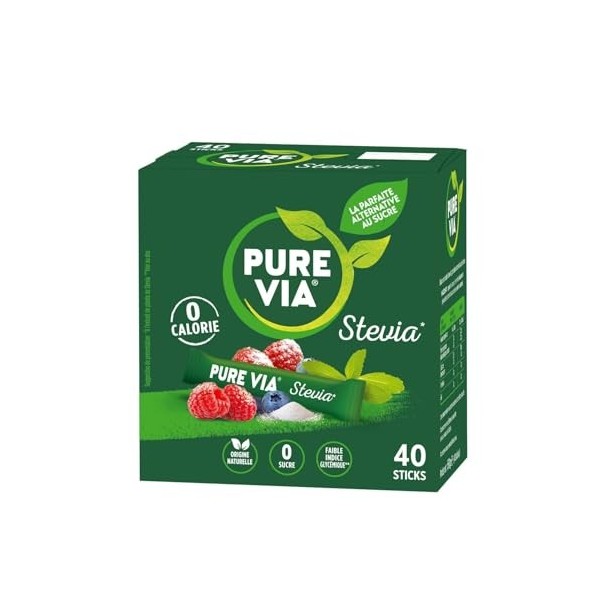 Edulcorant Stévia Sticks PURE VIA - la boite de 40 sticks - 60 g Lot De 3 - Par Lot