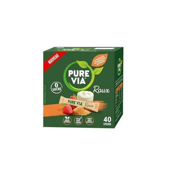 PURE VIA – Édulcorant Naturel à la Stévia Roux, Douceur Intense Sans Calories Boîte 40 Sticks - Le lot de 3