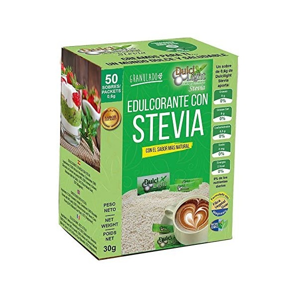 DULCILIGHT EDULCORANTE STEVIA Zero 50 sbrs – supplément conditionné en sachets pour boisson à mélanger, étui de 50 sachets-do...