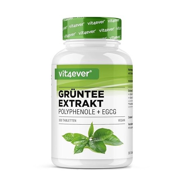 Extrait de Thé Vert 300 Comprimés - Hautement Dosé avec 2000 mg d’Extrait de Thé Vert, 300 mg d’EGCG et 1000 mg de Polyphénol