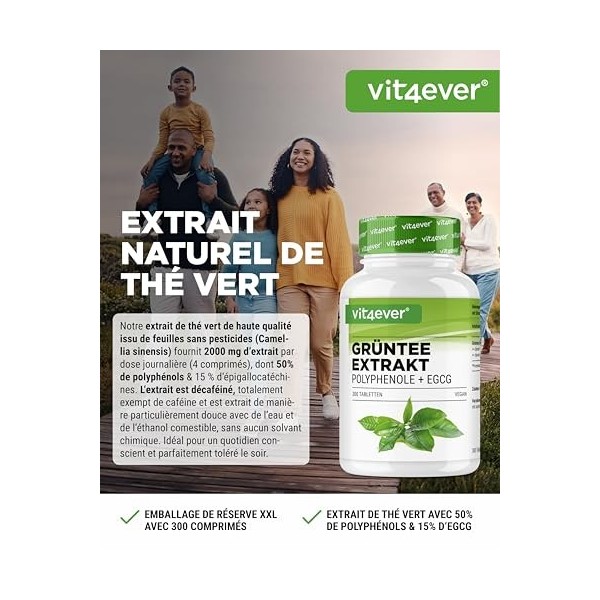 Extrait de Thé Vert 300 Comprimés - Hautement Dosé avec 2000 mg d’Extrait de Thé Vert, 300 mg d’EGCG et 1000 mg de Polyphénol
