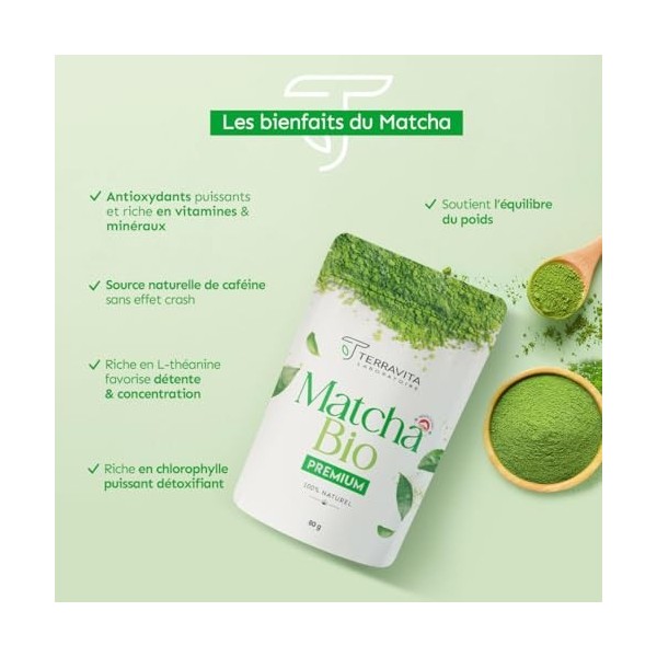 Thé Matcha BIO 80g | Grade Premium Japonais | Faible Amertume | Récolté à la Main au Japon Shizuoka | Poudre de Thé Vert Ma
