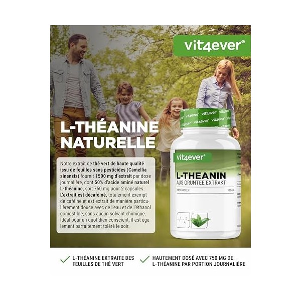 L-Théanine - 180 gélules - 750 mg par portion journalière - à partir dextrait naturel de thé vert - hautement dosé - végétal