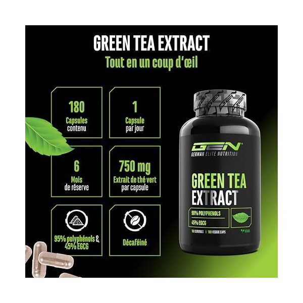 Green Tea Extract - 180 gélules - Extrait de thé vert très fortement dosé avec 750mg dextrait de thé vert par gélule - 95% p