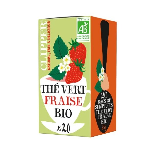 CLIPPER - Thé Vert Bio Fraise - Sumptuous - Issu du Commerce Équitable - 20 sachets de Thé Bio - 1 paquet