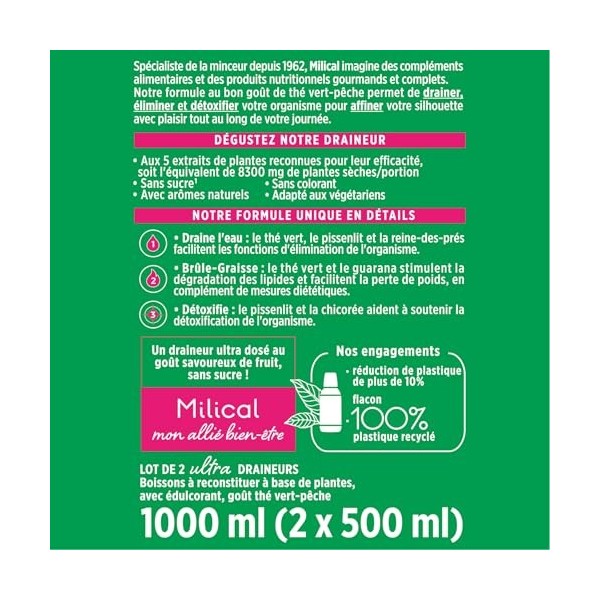 Draineur Ultra | Lot de 2 Flacons de 500 ml | Affine la Silhouette | Laboratoire Milical Thé Vert - Pêche Thé vert
