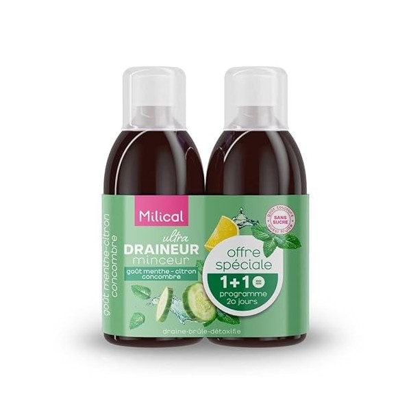 Draineur Ultra | Lot de 2 Flacons de 500 ml | Affine la Silhouette | Laboratoire Milical Thé Vert - Pêche Thé vert