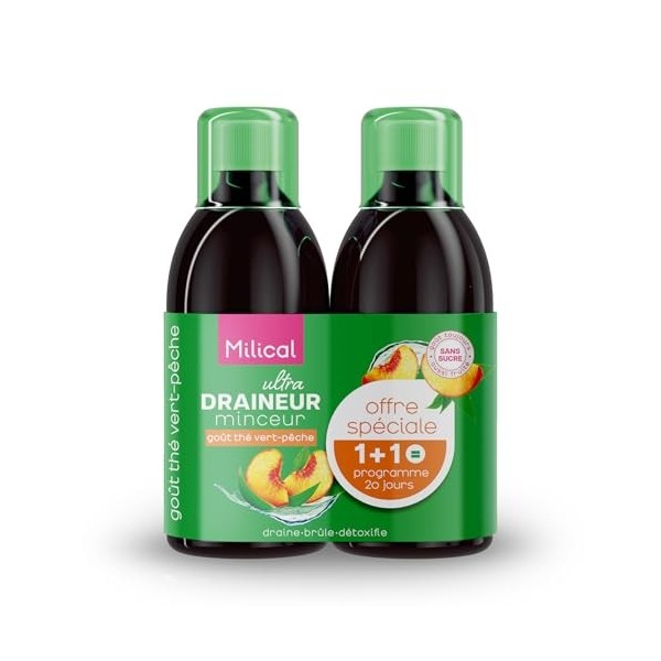 Draineur Ultra | Lot de 2 Flacons de 500 ml | Affine la Silhouette | Laboratoire Milical Thé Vert - Pêche Thé vert