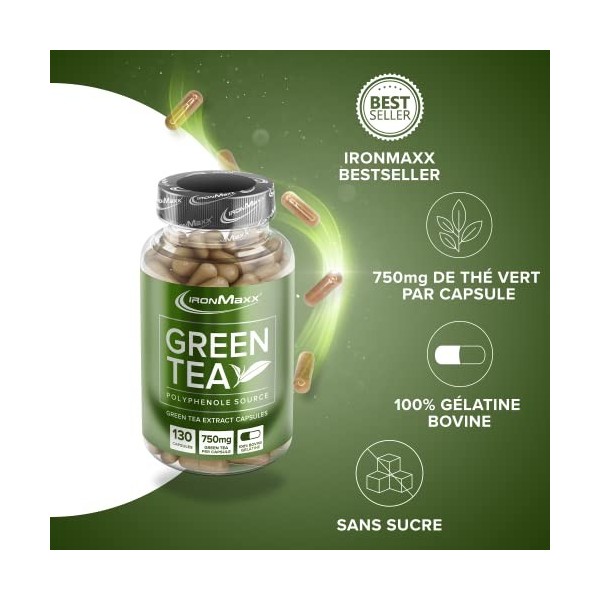 IronMaxx – Extrait de Thé Vert en Gélules – 130 Capsules – Complément Alimentaire Minceur & Brûle-Graisse Thé vert