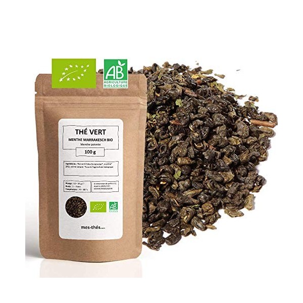 Thé Vert bio aromatisé Menthe Marrakesch - 100g 40 tasses - Thé en vrac 100% agriculture biologique - Mes-Thés Thé vert