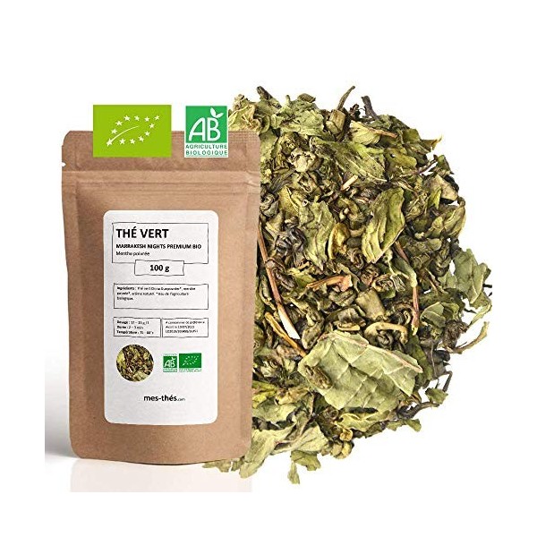 Thé Vert bio aromatisé Menthe Marrakesch - 100g 40 tasses - Thé en vrac 100% agriculture biologique - Mes-Thés Thé vert