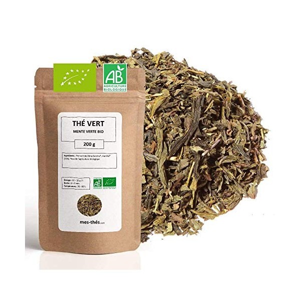 Thé Vert bio aromatisé Menthe Marrakesch - 100g 40 tasses - Thé en vrac 100% agriculture biologique - Mes-Thés Thé vert