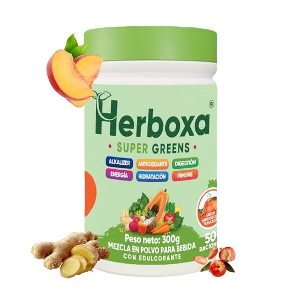 Herboxa SUPER GREENS Complément alimentaire en poudre avec racine de chicorée zinc et chrome saveur pêche glacée 50 portions