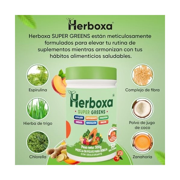Herboxa SUPER GREENS Complément alimentaire en poudre avec racine de chicorée zinc et chrome saveur pêche glacée 50 portions