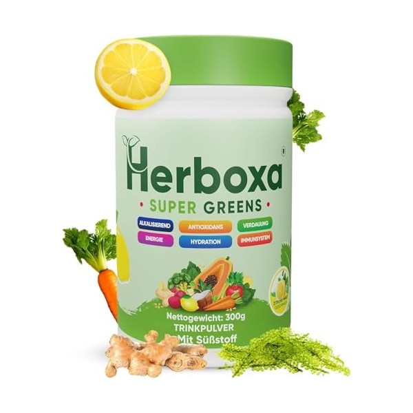 Herboxa SUPER GREENS Complément alimentaire en poudre avec racine de chicorée zinc et chrome saveur pêche glacée 50 portions