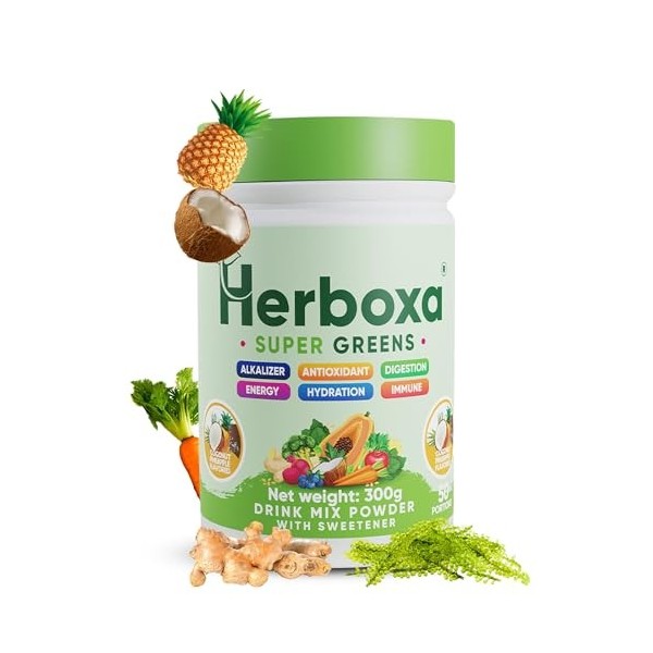 Herboxa SUPER GREENS Complément alimentaire en poudre avec racine de chicorée zinc et chrome saveur pêche glacée 50 portions