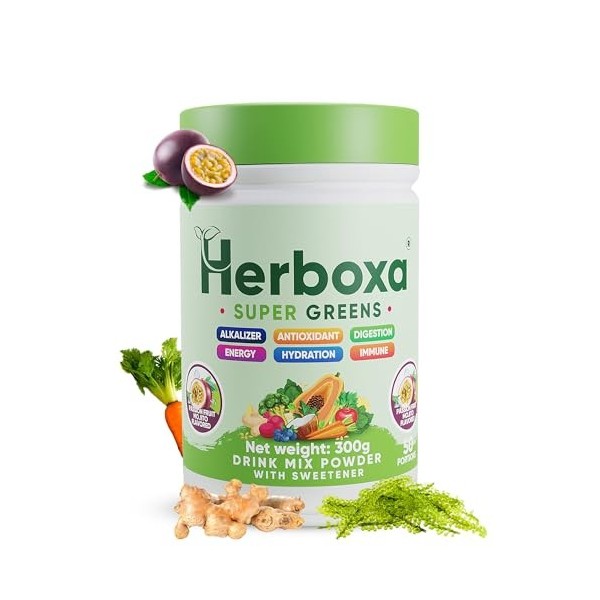 Herboxa SUPER GREENS Complément alimentaire en poudre avec racine de chicorée zinc et chrome saveur pêche glacée 50 portions