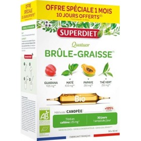 SUPERDIET-QUATUOR BRÛLE-GRAISSE BIO-Minceur-Thé vert, Papaye, Son davoine, Guarana-Fabrication française-FORMAT PROMO-30 amp