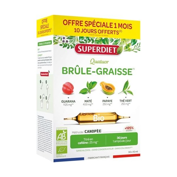 SUPERDIET-QUATUOR BRÛLE-GRAISSE BIO-Minceur-Thé vert, Papaye, Son davoine, Guarana-Fabrication française-FORMAT PROMO-30 amp