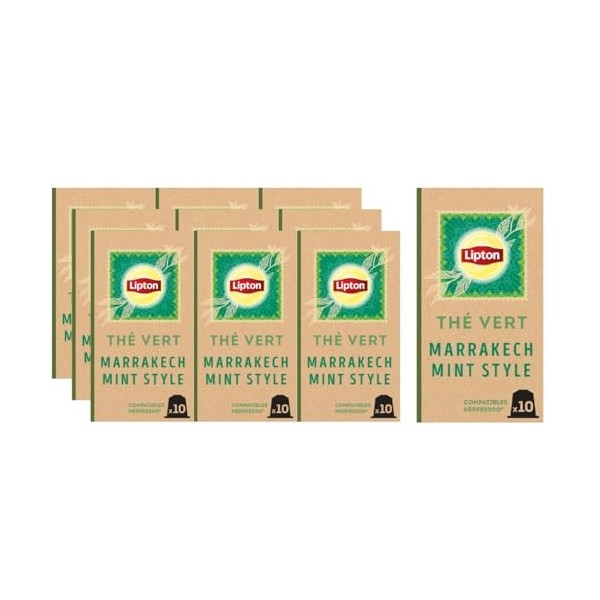 Lipton Thé Vert Marrakech Mint, 100 Capsules Compatibles Nespresso, Antioxydant et Parfumé, Menthe Fraîche et Délicate, Label