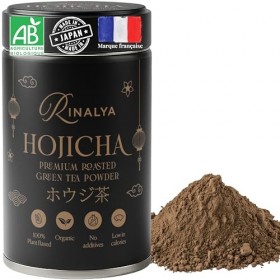 RINALYA® Hojicha en Poudre Bio 80g – Thé Vert Torréfié Japonais – Hojicha Chaud, Glacé ou Latte – Faible en Caféine, Sans Ame