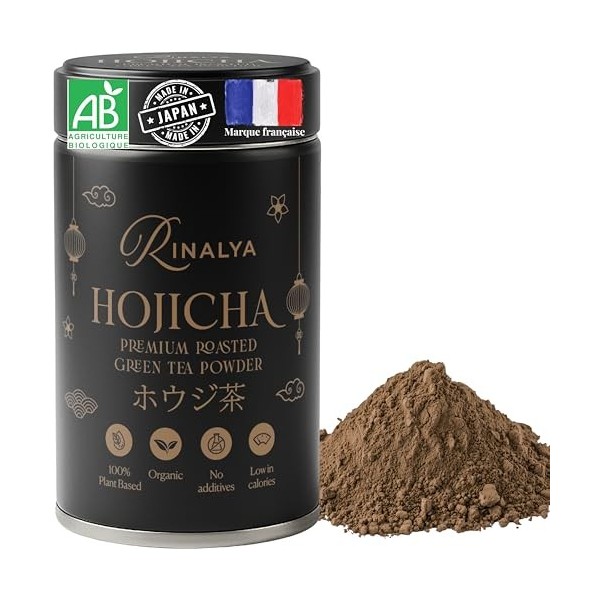 RINALYA® Hojicha en Poudre Bio 80g – Thé Vert Torréfié Japonais – Hojicha Chaud, Glacé ou Latte – Faible en Caféine, Sans Ame