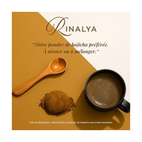 RINALYA® Hojicha en Poudre Bio 80g – Thé Vert Torréfié Japonais – Hojicha Chaud, Glacé ou Latte – Faible en Caféine, Sans Ame