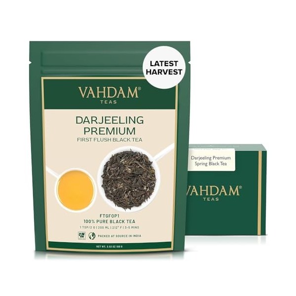 VAHDAM, Thé Noir Darjeeling First Flush 100g, 50+ Tasses Fleuri, Aromatique Et Délicieux | Cueilli, Emballé Et Expédié Dire