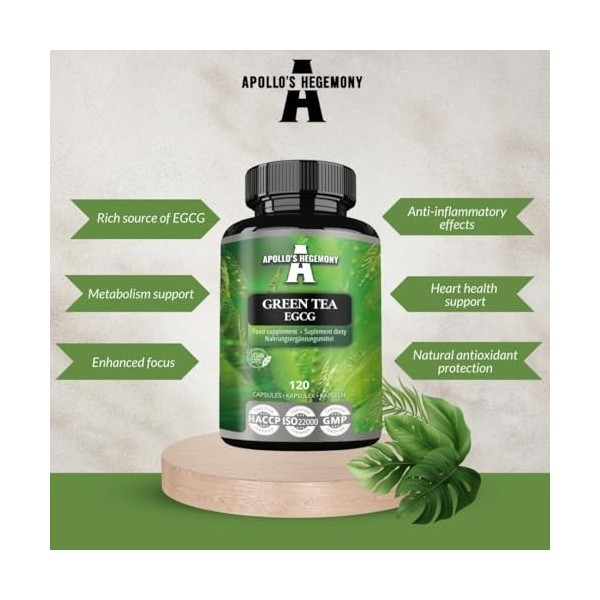 Extrait de Thé Vert 500mg, Contient 50% EGCG et 98% Polyphénols, 120 Capsules Végétales, 4 Mois dapprovisionnement, Brûleur 