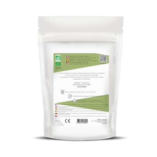 Herbes du Monde - Tisane Fucus Vésiculeux Bio | Coupe-Faim Naturel | Minceur & Détox - Riche en Iode - 80g | Origine France -