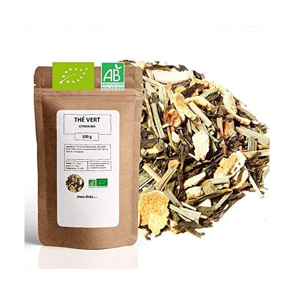 Thé Vert bio Citron - 100g 40 tasses - Thé en vrac 100% agriculture biologique - Mes-Thés Thé vert